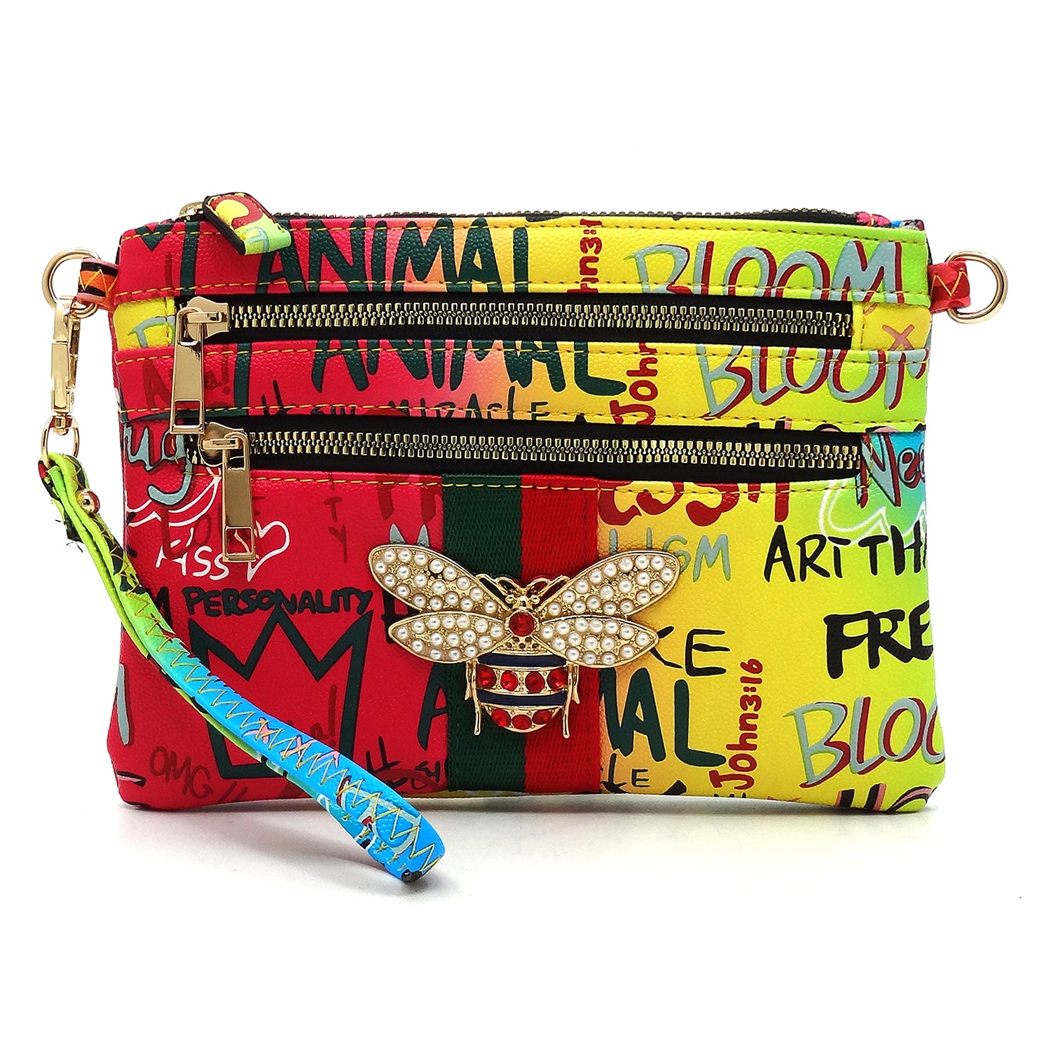 Multi Graffiti Queen Bee Stripe Clutch Crossbody Bag Wristlet  pre-order