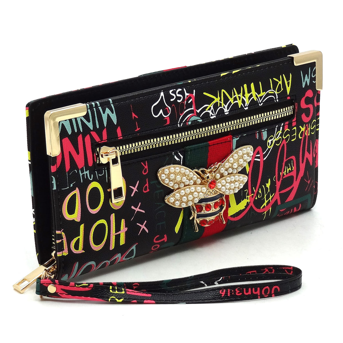 Graffiti Queen Bee Stripe Clutch Wallet Wristlet