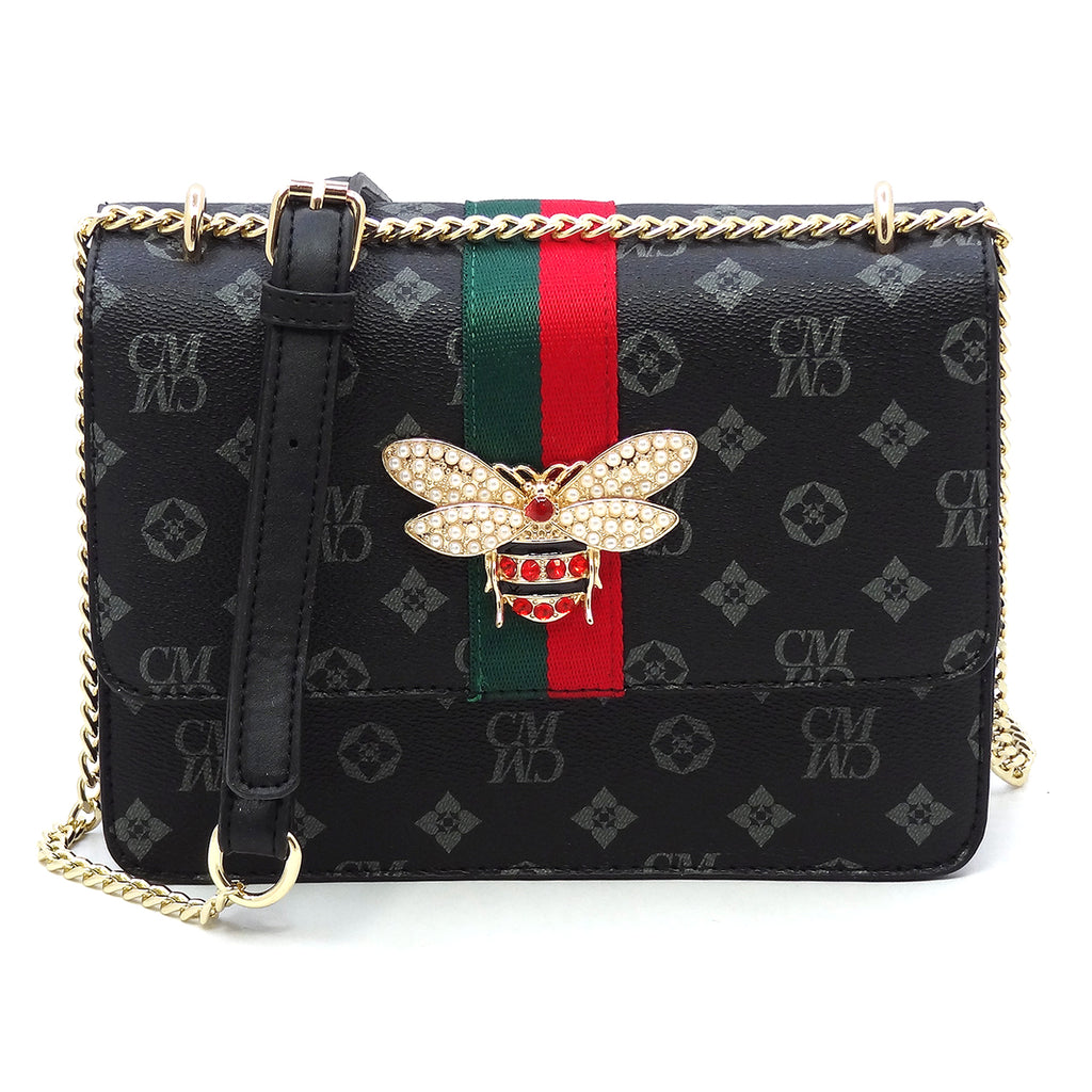 Fashion Queen Bee Stripe Monogram Flap Crossbody Bag