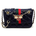 Fashion Queen Bee Stripe Quilted Flap Over Crossbody Bag (Navy)