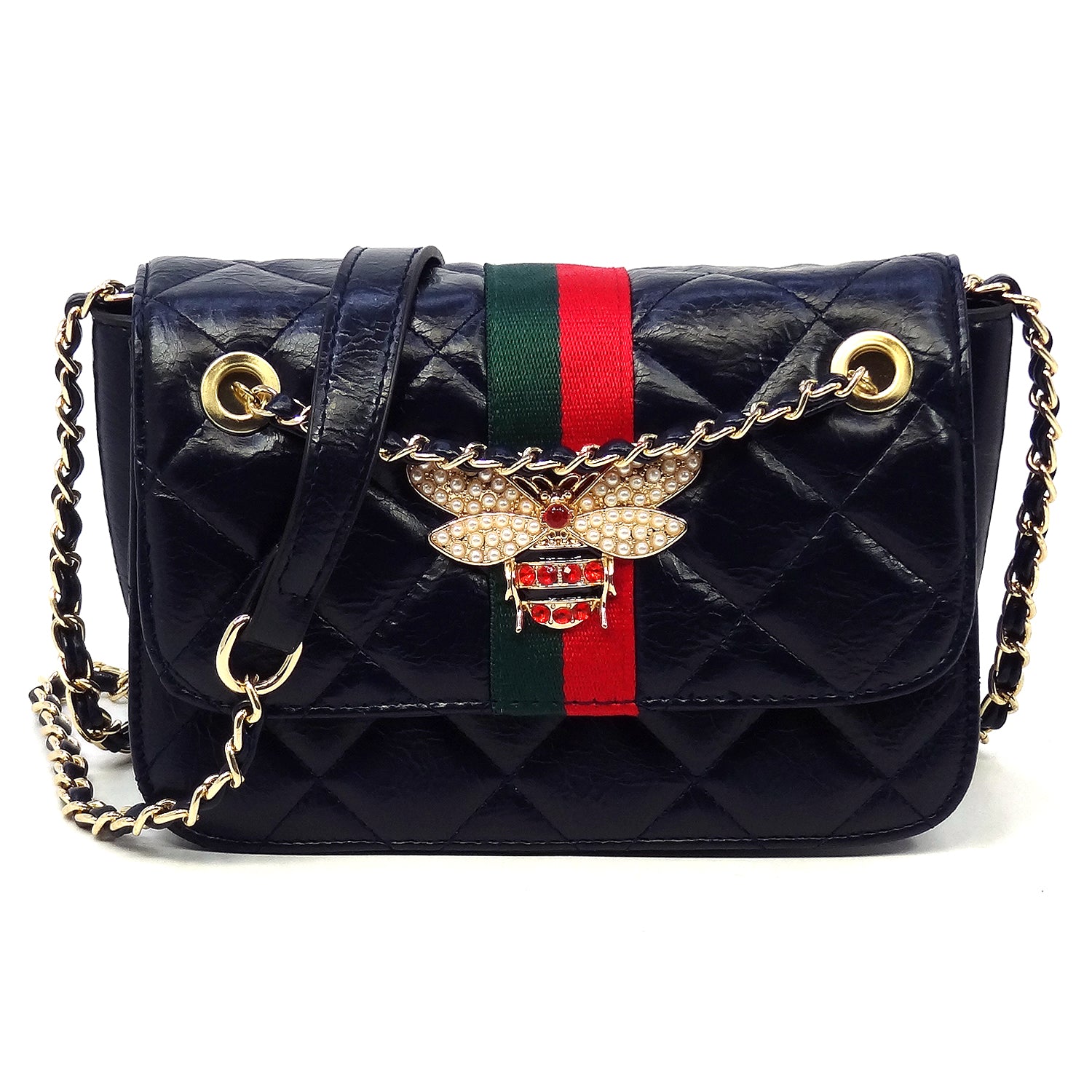 Fashion Queen Bee Stripe Quilted Flap Over Crossbody Bag (Navy)