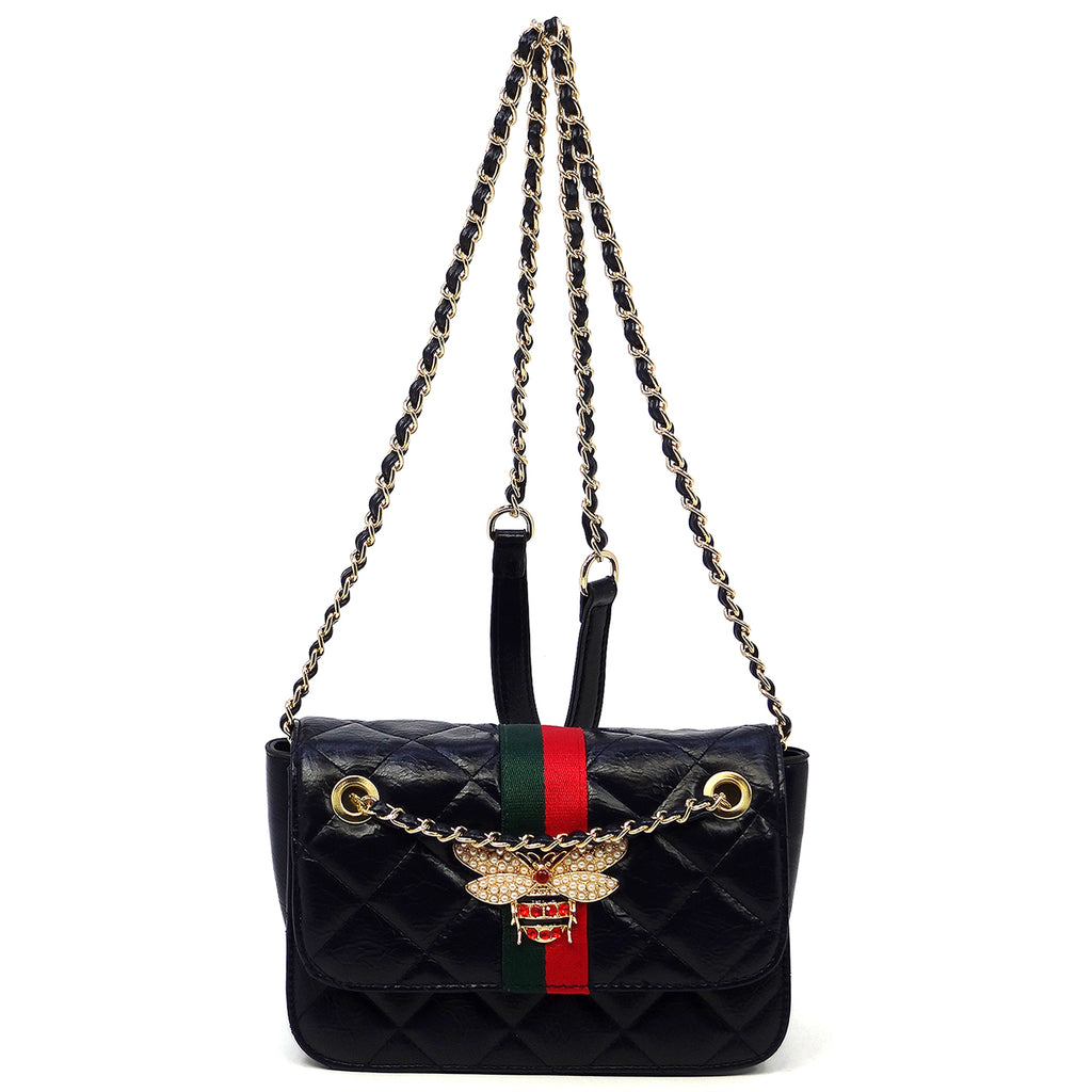 Fashion Queen Bee Stripe Quilted Flap Over Crossbody Bag (Navy)
