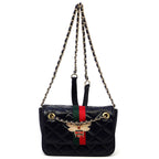 Fashion Queen Bee Stripe Quilted Flap Over Crossbody Bag (Navy)
