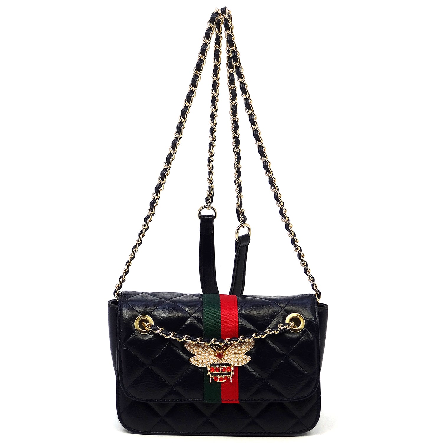 Fashion Queen Bee Stripe Quilted Flap Over Crossbody Bag (Navy)