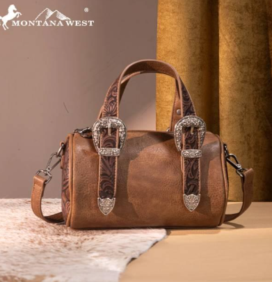 Montana West Western Tooled Buckle Collection Mini Barrel Crossbody Bag (pre-order on brown )