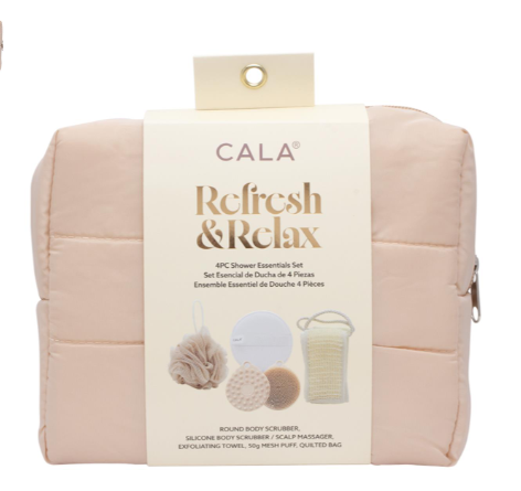 Cala Refresh And Relax 4Pc Shower Essentials Set W Mesh Puff Quilted Bag